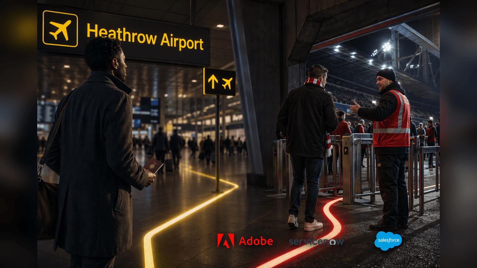 A traveller at Heathrow and a football fan at a stadium are guided by service information.