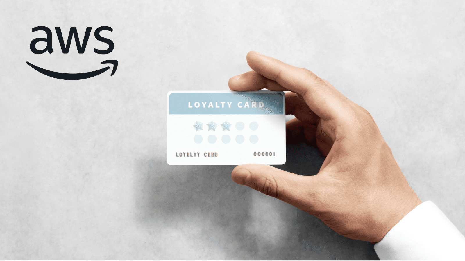 A hand holding a loyalty card with three of ten stamps filled in, against a light grey textured background, with the AWS logo in the top left corner.