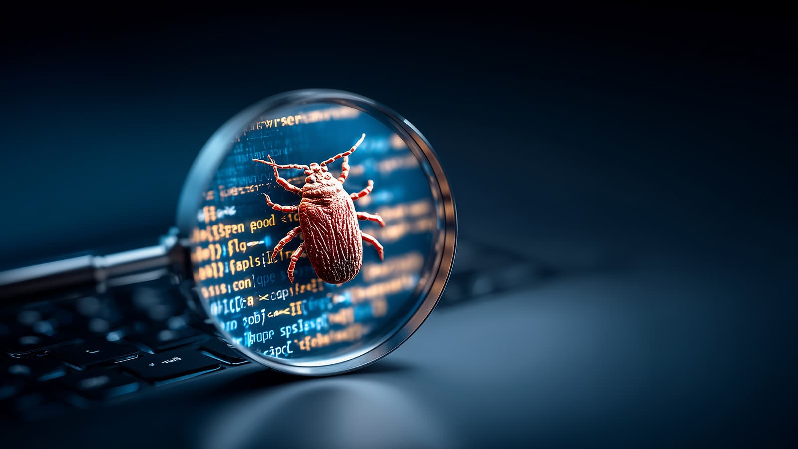 A magnifying glass revealing a digital bug over software code representing malware investigation, vulnerability detection, cybersecurity analysis, and hidden system threats