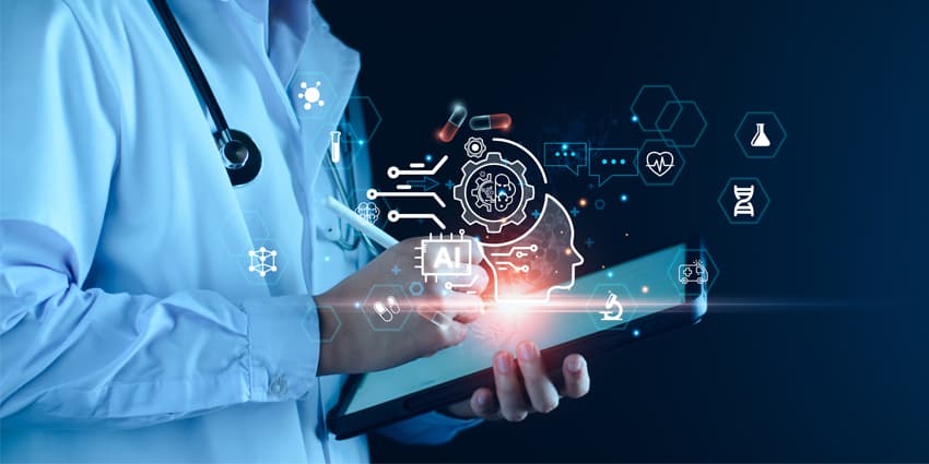 Medical technology, doctor use AI robots for diagnosis, care, and increasing accuracy patient treatment in future. Medical research and development innovation technology to improve patient
