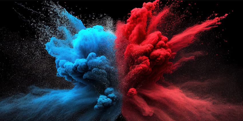 Blue and red powder colliding