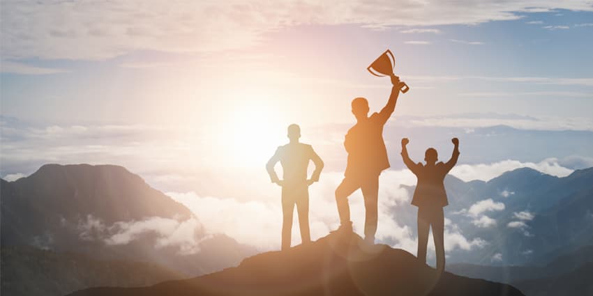 Achievement and Business Goal Success Concept - Creative business people with icon graphic interface showing employee reward giving for business success