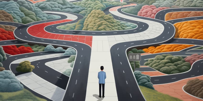 A man standing on a road surrounded by a maze, AI