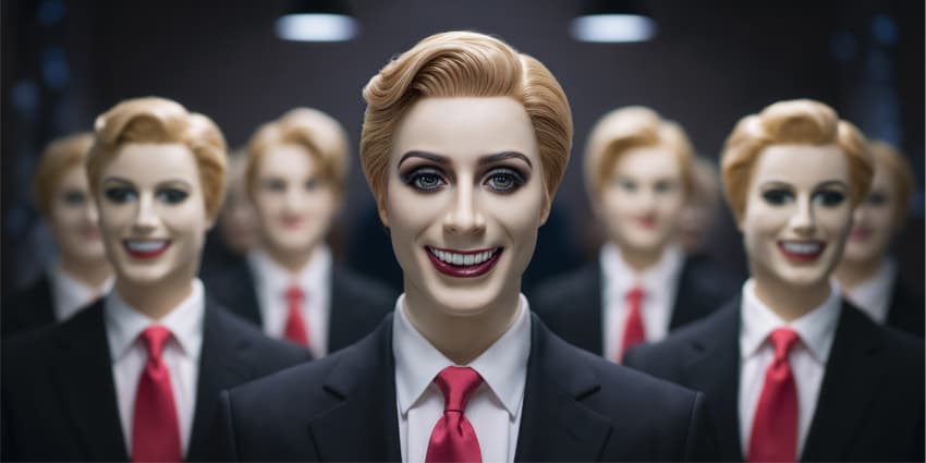 Blonde male mannequin corporate employees in office hallway all dressed in the same indistinguishable suit and red tie with plastic personalities and fake smiles.