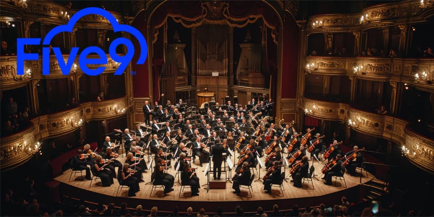 An elegant classical music concert, orchestra in full performance, audience captivated, in a grand historic theater.