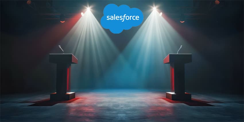 Two podiums on a stage highlighted by spotlights, ready for a debate or presentation in a dimly lit auditorium.