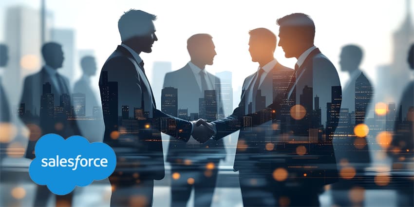 A double exposure image, likely digitally created, shows multiple businesspeople in silhouette against a cityscape backdrop. background showing partnership success of business deal Concept of teamwork