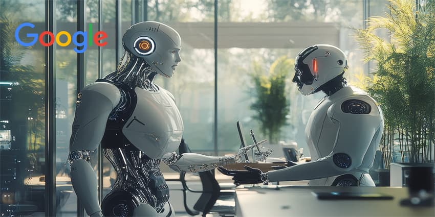 human and robots working together talking to eachother in a well lit modern officebuidling