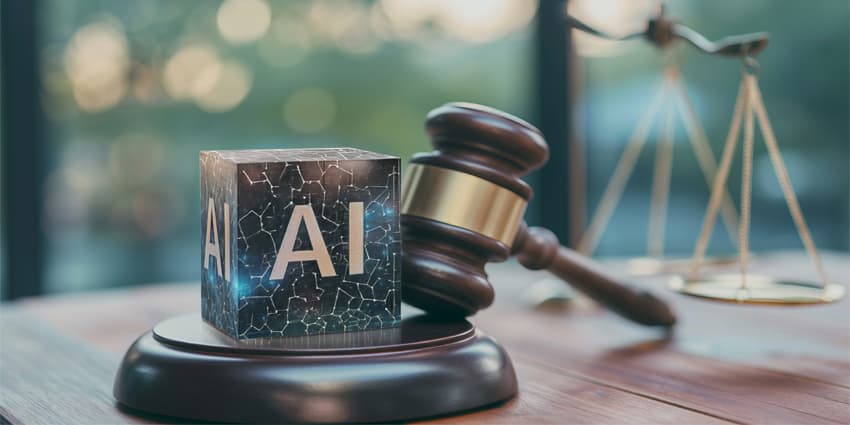 Wooden gavel on the judge's bench, metallic cube symbolizing artificial intelligence, justice, law and judicial decisions, AI