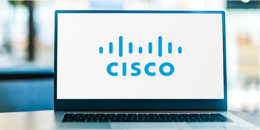 Laptop computer displaying logo of Cisco