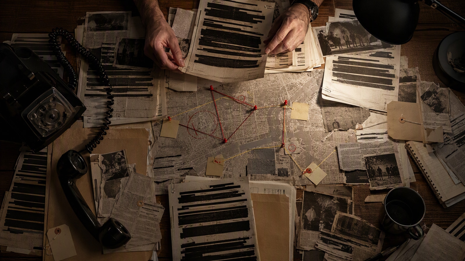 Hands arrange redacted documents under a desk lamp.