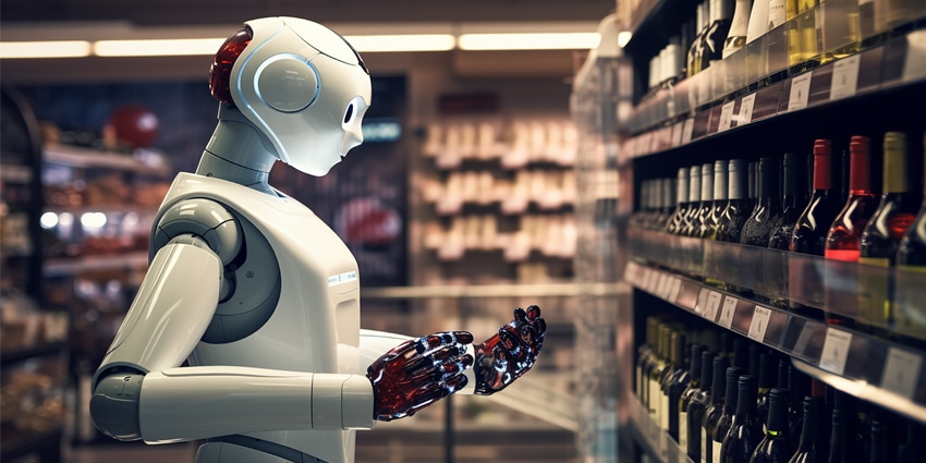 an AI driven robot in a wine shop suggesting wine