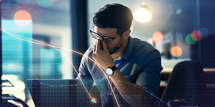 Man, headache and stock market crash, financial fail or business investment mistake in night office overlay. Frustrated trader with depression, pain or stress and trading statistics