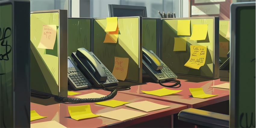 Abandoned Office Space: Deserted Cubicles, Silent Phones, and Faded Post Notes, Anticipating the Next Workday