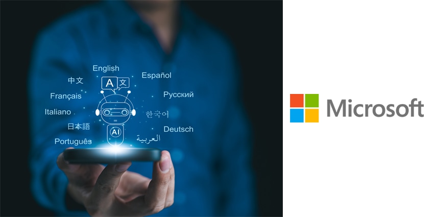AI-Powered Language Translate App Concept. A person holds smartphone displaying an AI powered language translation app. Screen features robot and multiple languages, symbolizing global communication.