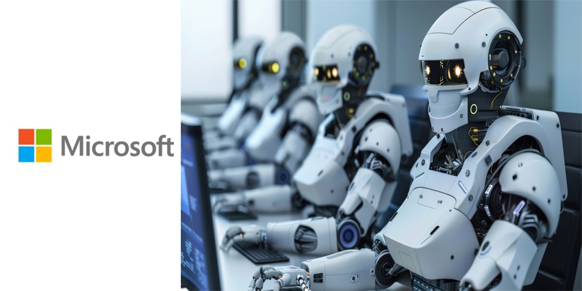 A futuristic office setting with multiple robots working at computers.