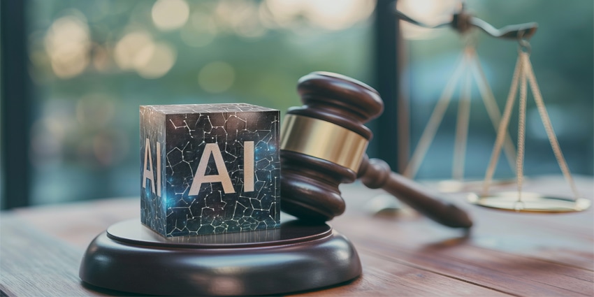 Wooden gavel on the judge's bench, metallic cube symbolizing artificial intelligence, justice, law and judicial decisions, AI