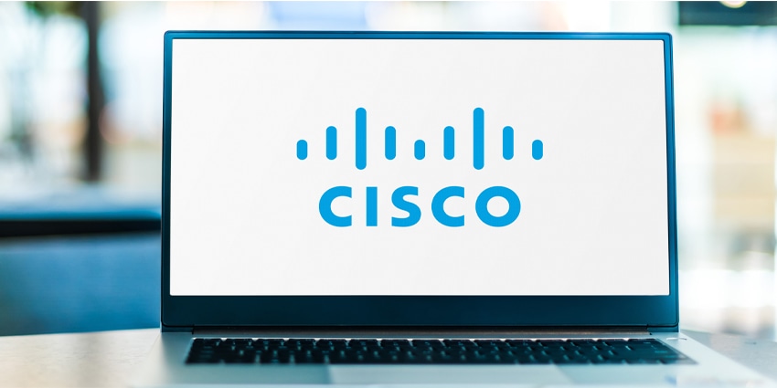 Laptop computer displaying logo of Cisco