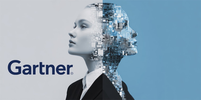 Woman and robot face profile merging on split white and blue background.