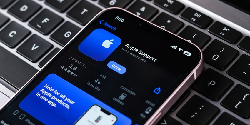 Apple support app on phone screen stock image.