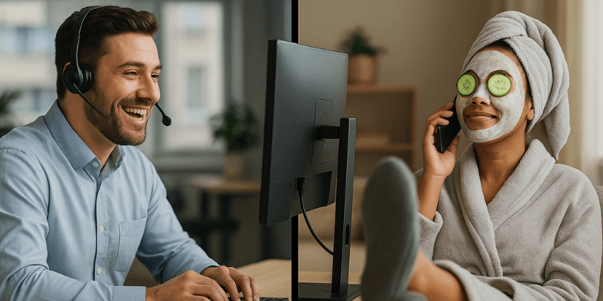 Customer service agent using on-screen prompts to handle an angry customer calmly on a support call.
