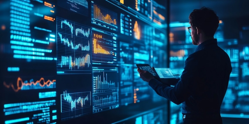 Person reviewing digital analytics dashboards with charts and customer data insights on large screens