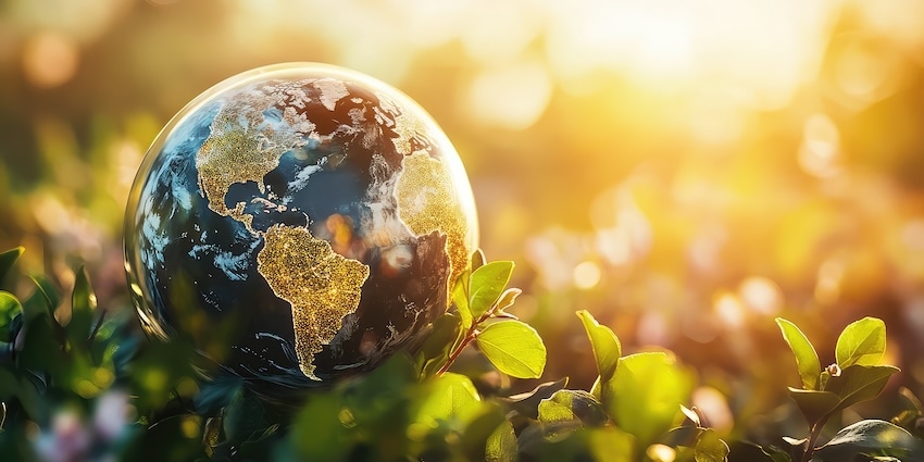 Globe resting in green foliage, symbolising global connectivity, sustainability, and modern customer experience ecosystems