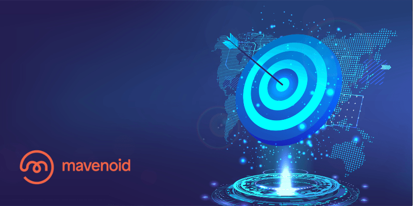 A glowing blue digital target with an arrow hitting the bullseye appears above a futuristic circular interface, set against a world map made of dotted lines. The Mavenoid logo, in orange, sits on the left side of the image