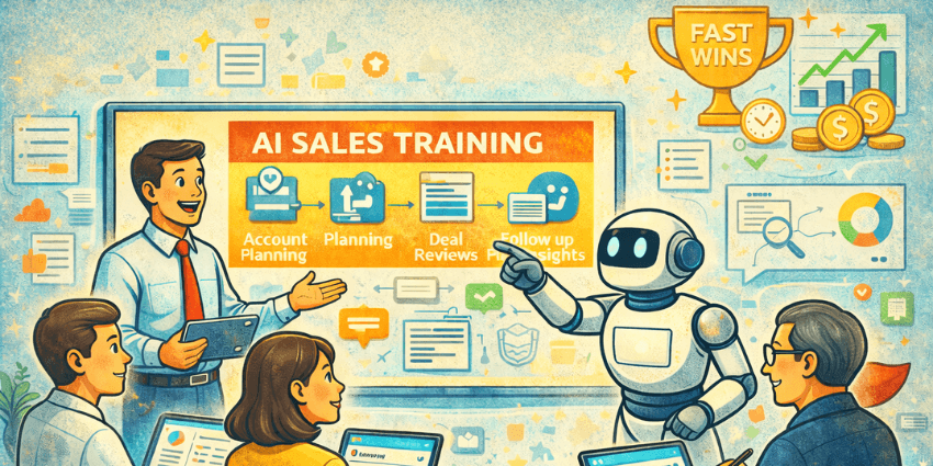 Illustration of a manager leading sales team upskilling and sales training in a modern office, using laptops and dashboards for AI sales training, supporting salespeople with tech, and building stronger B2B sales team skills.