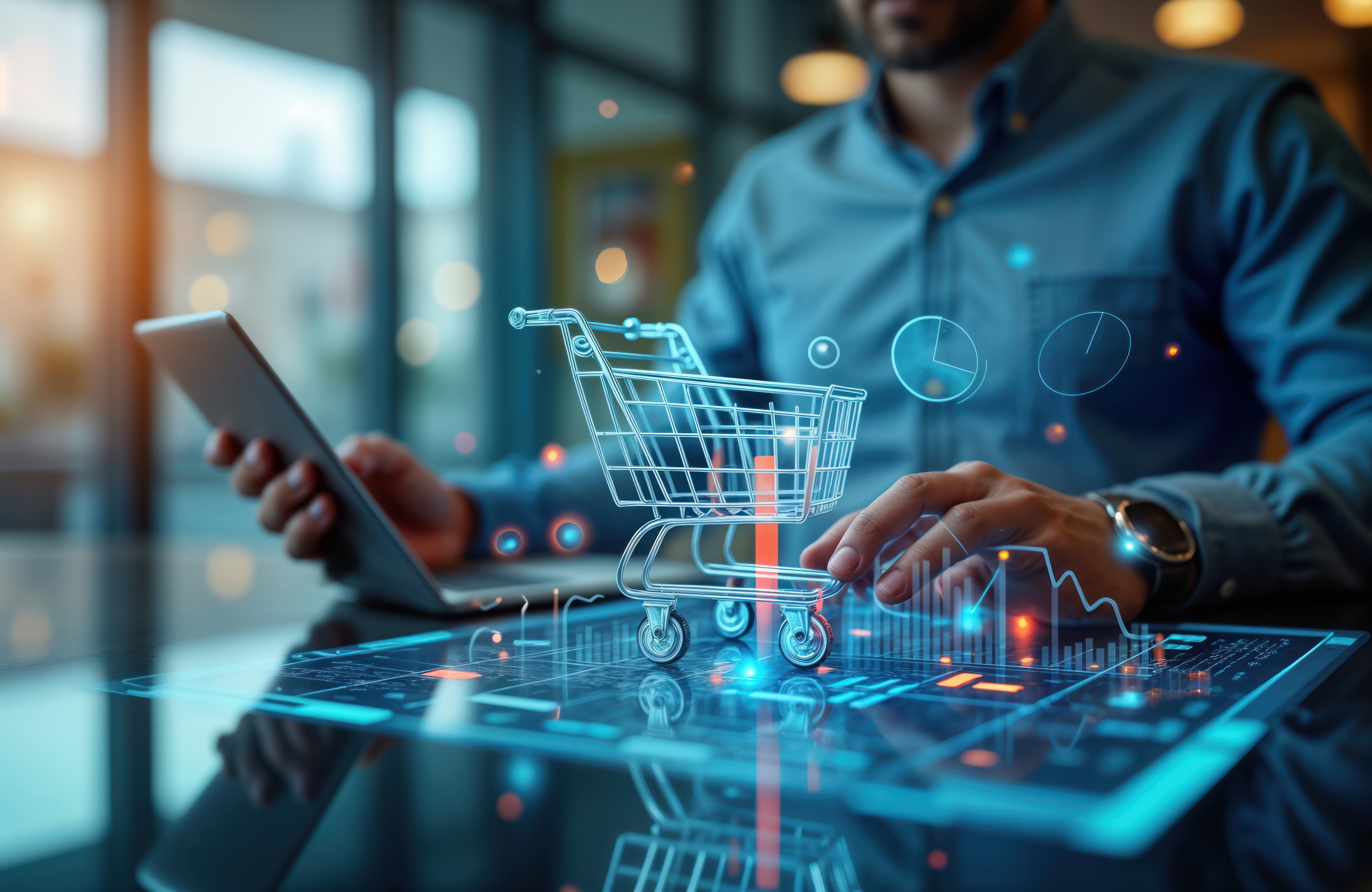 A sales professional using AI sales technology workflows to analyze B2B buyer journey trends on a digital dashboard.