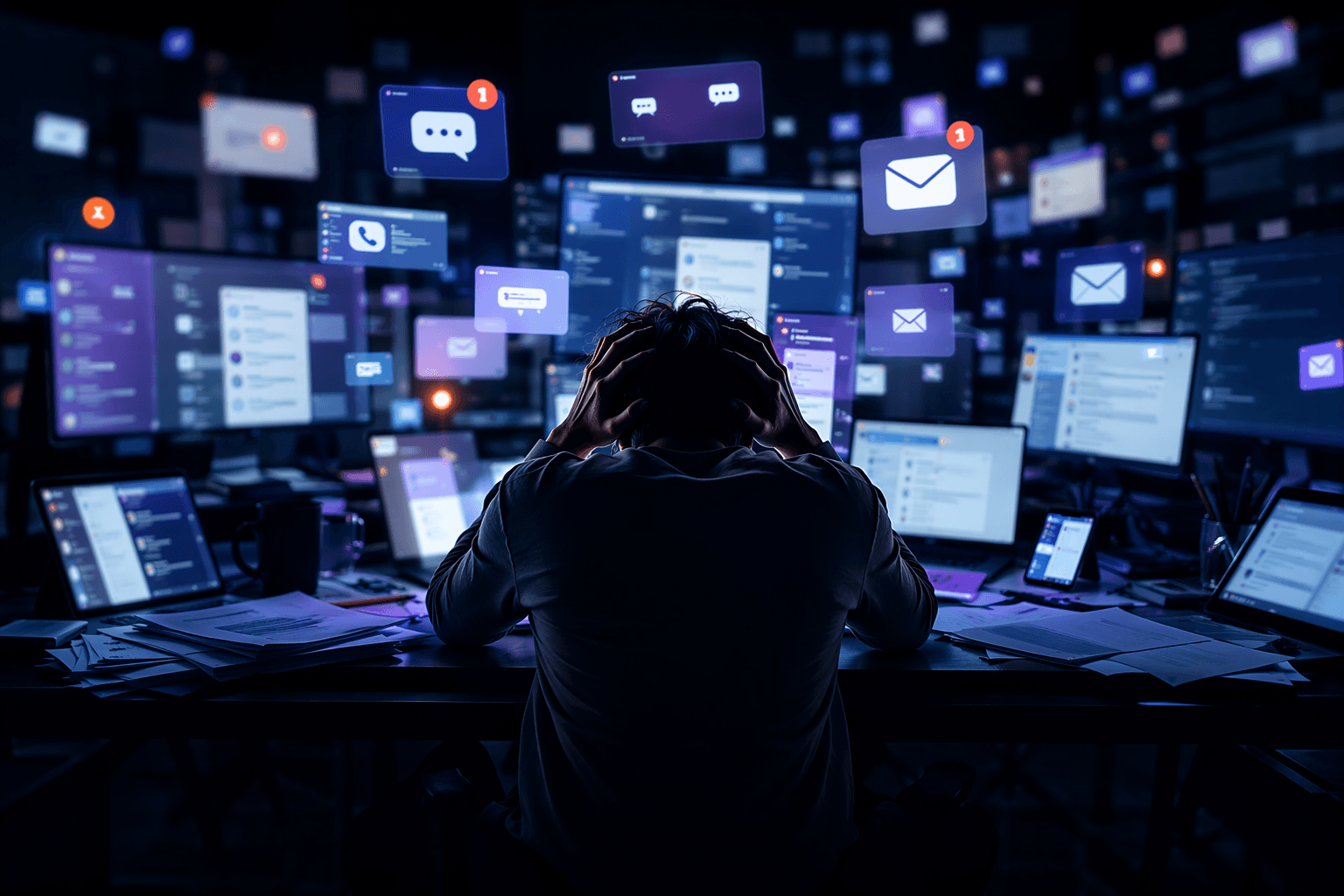Person overwhelmed by multiple digital screens representing customer journey channel overload