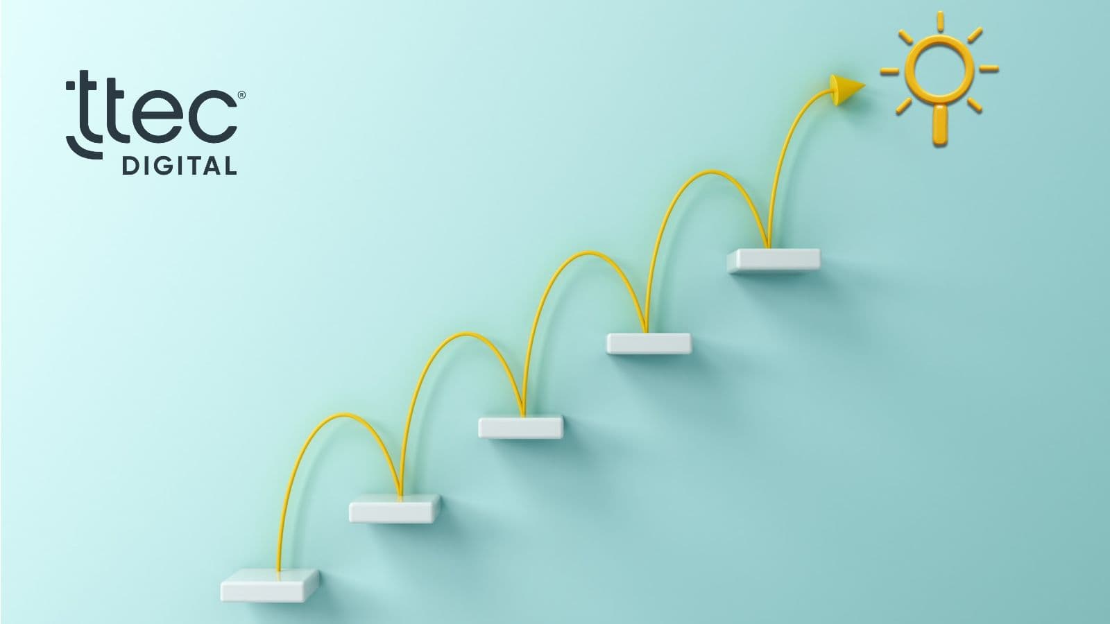 Illustration of a yellow arrow bouncing up five ascending steps toward a glowing lightbulb-magnifying glass icon, beside the TTEC Digital logo, symbolizing a step-by-step path to insight