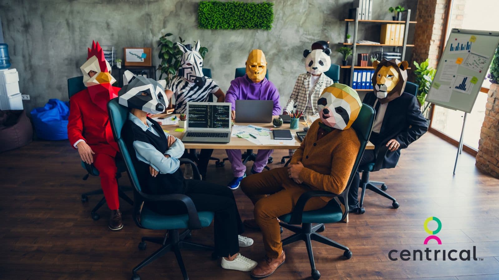 Office team in animal masks around a meeting table, illustrating the AI agent zoo, with the Centrical logo.