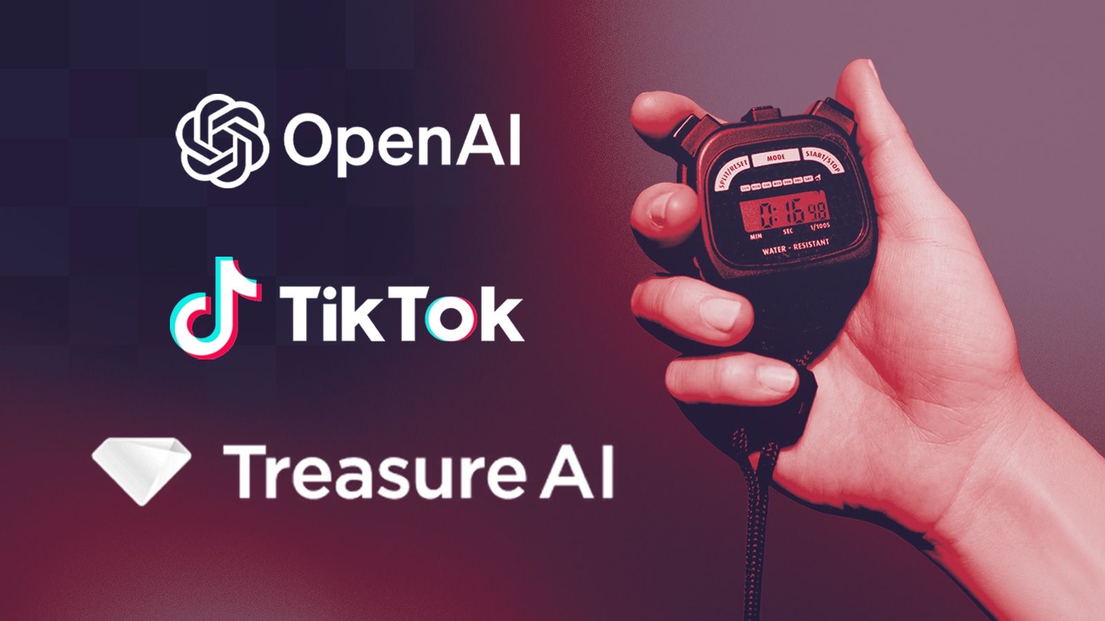 A hand holding a stopwatch with Open Ai, TikTok, and Treasure AI labels overlayed