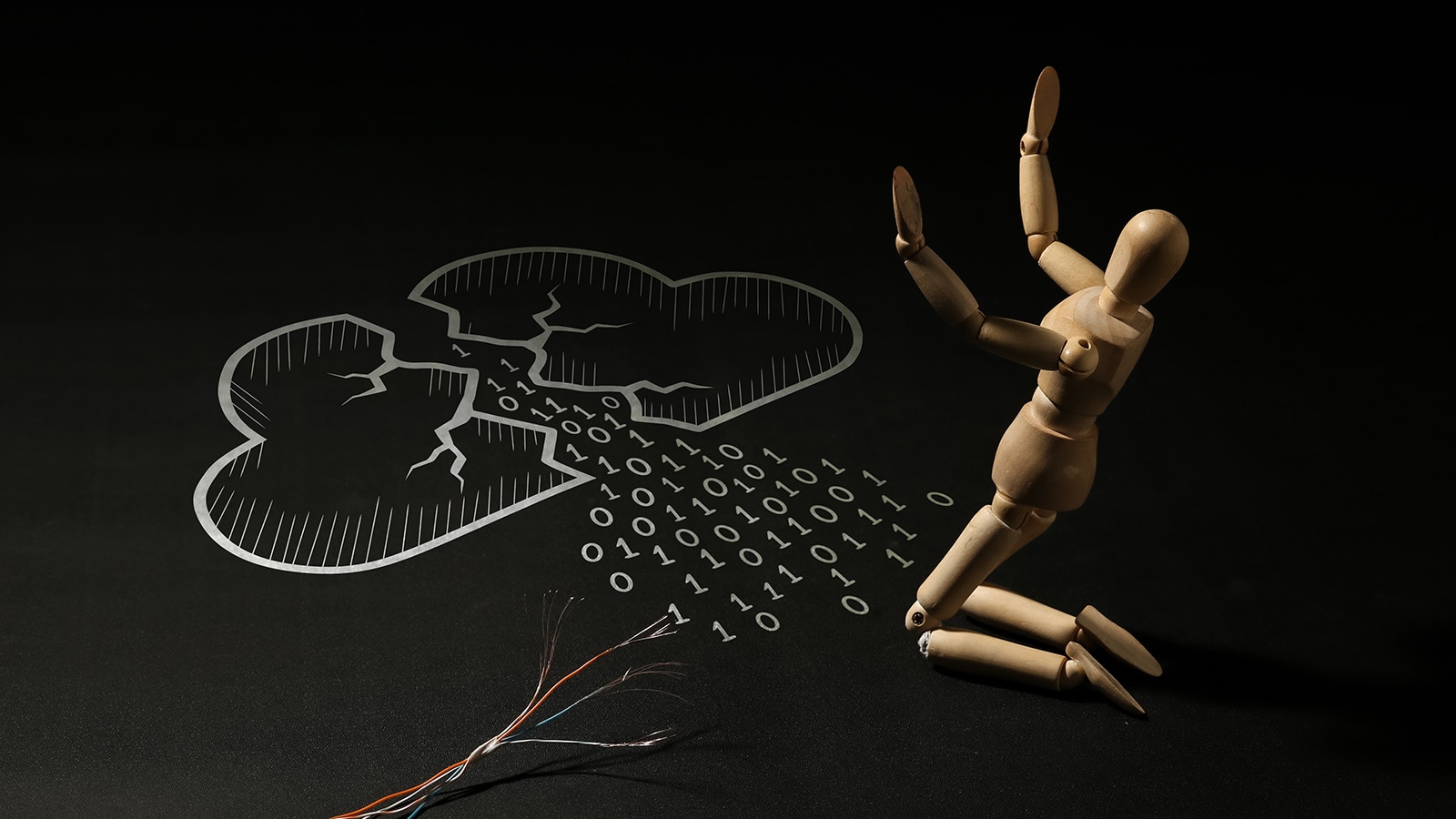 Wooden mannequin kneeling in panic next to a broken cloud drawing leaking binary code.