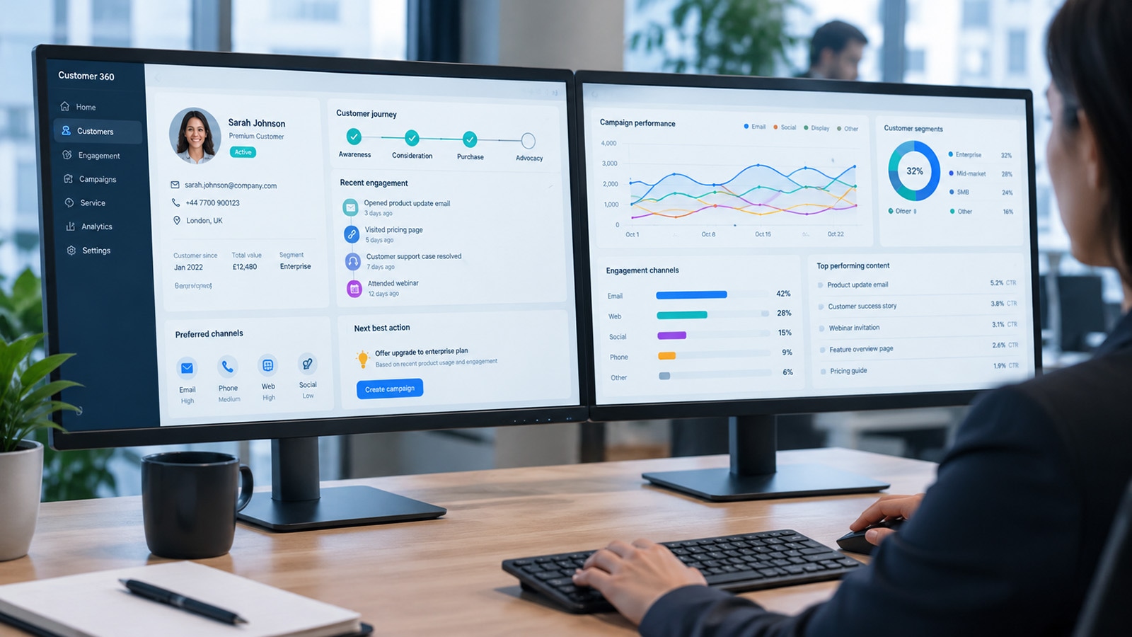 A business professional views customer profiles and engagement analytics across two CRM and marketing dashboards in a modern office.
