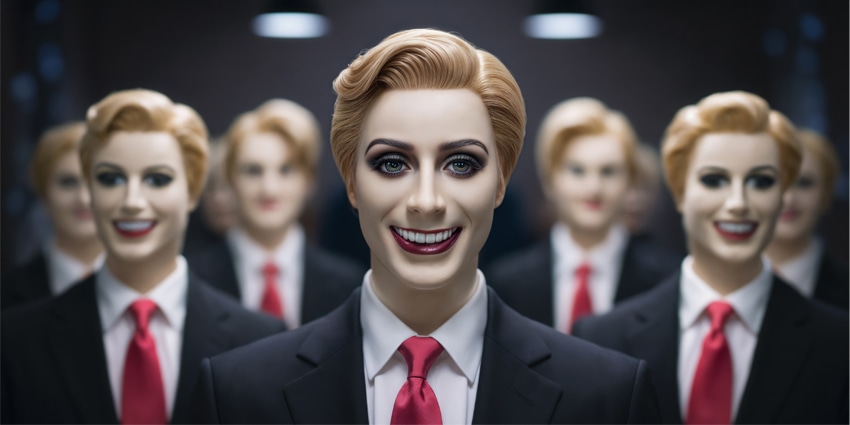 Blonde male mannequin corporate employees in office hallway all dressed in the same indistinguishable suit and red tie with plastic personalities and fake smiles.