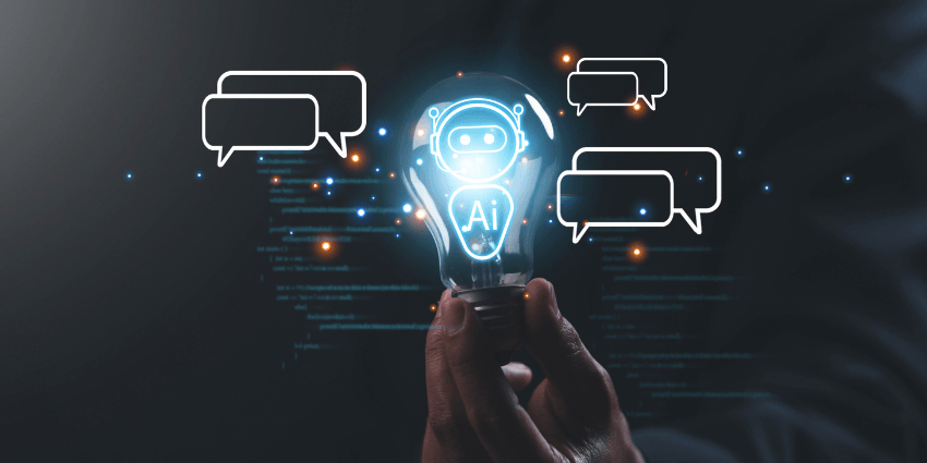 small AI in the palm of a hand, surrounded by speech bubbles