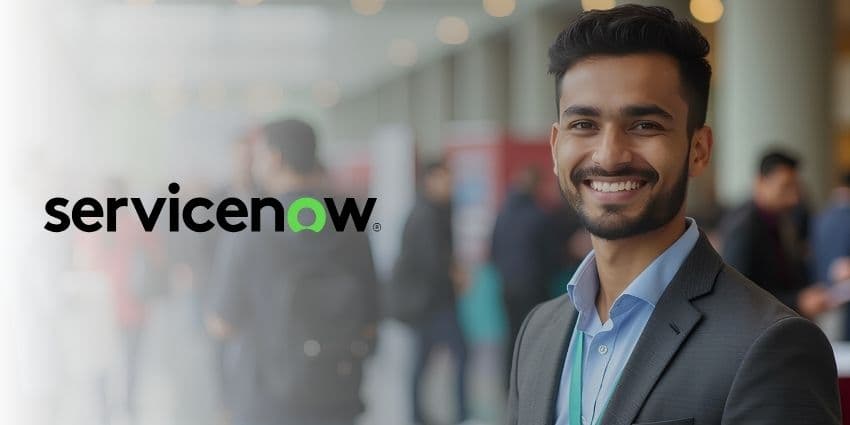 Male standing looking at the viewer, smiling with a Servicenow logo to the side.