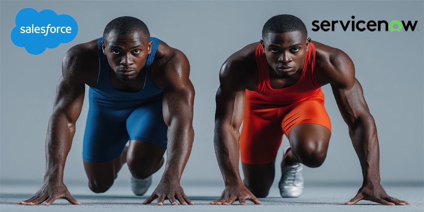 Two sprinters poised on clean white track, ready to launch forward