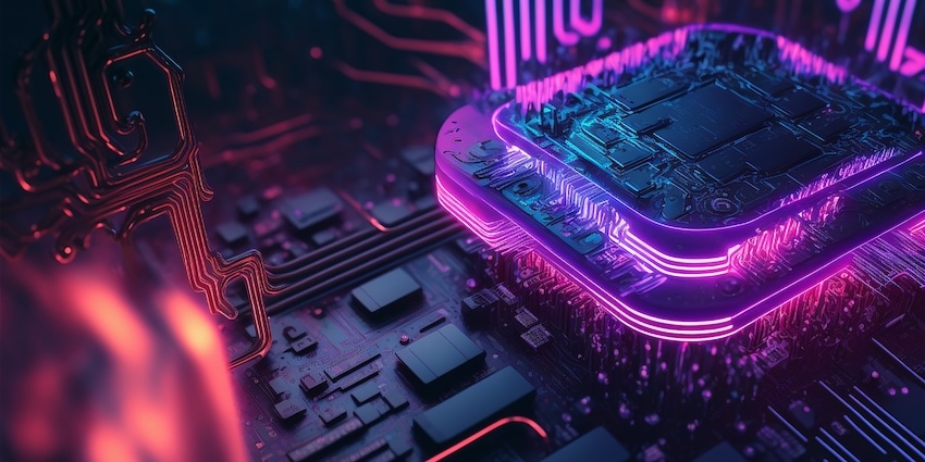 A glowing AI processor on a circuit board symbolising advanced generative AI technology