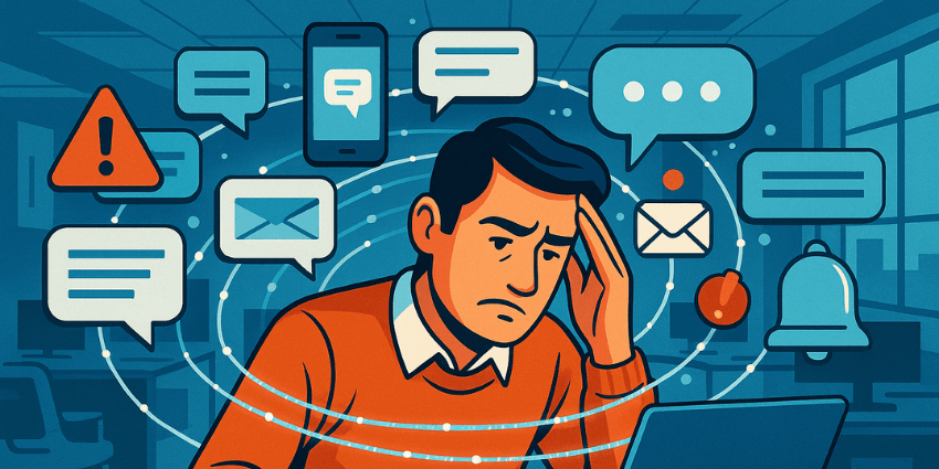 A business person experiences mental fatigue from too much marketing materials
