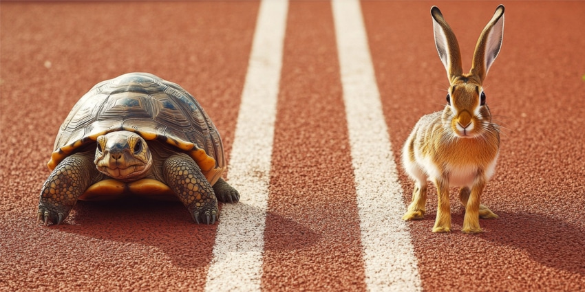 Enterprise AI implementation strategy illustration showing tortoise vs hare concept for customer service transformation