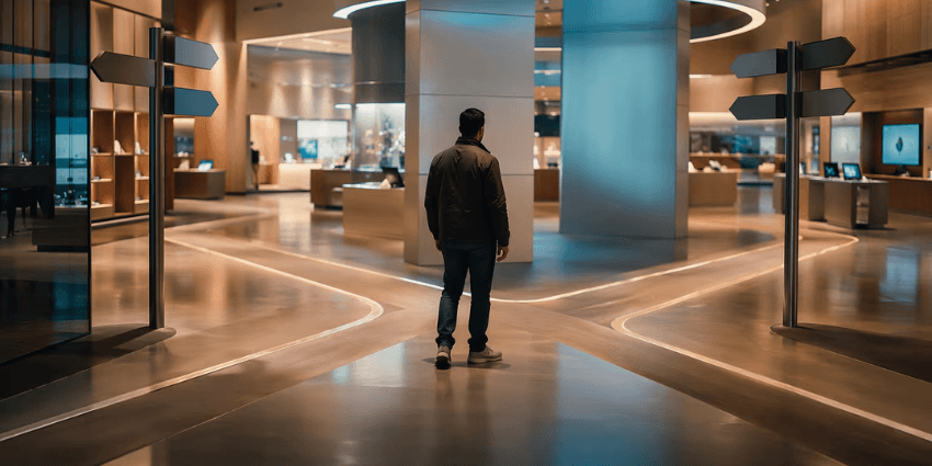 Fragmented pathways in a corporate office representing broken customer journey ownership